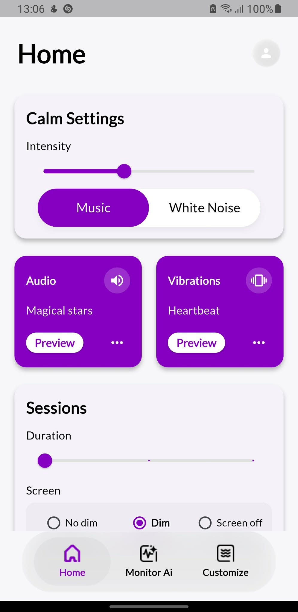 KalmBaby home screen with calm settings, audio and vibration controls