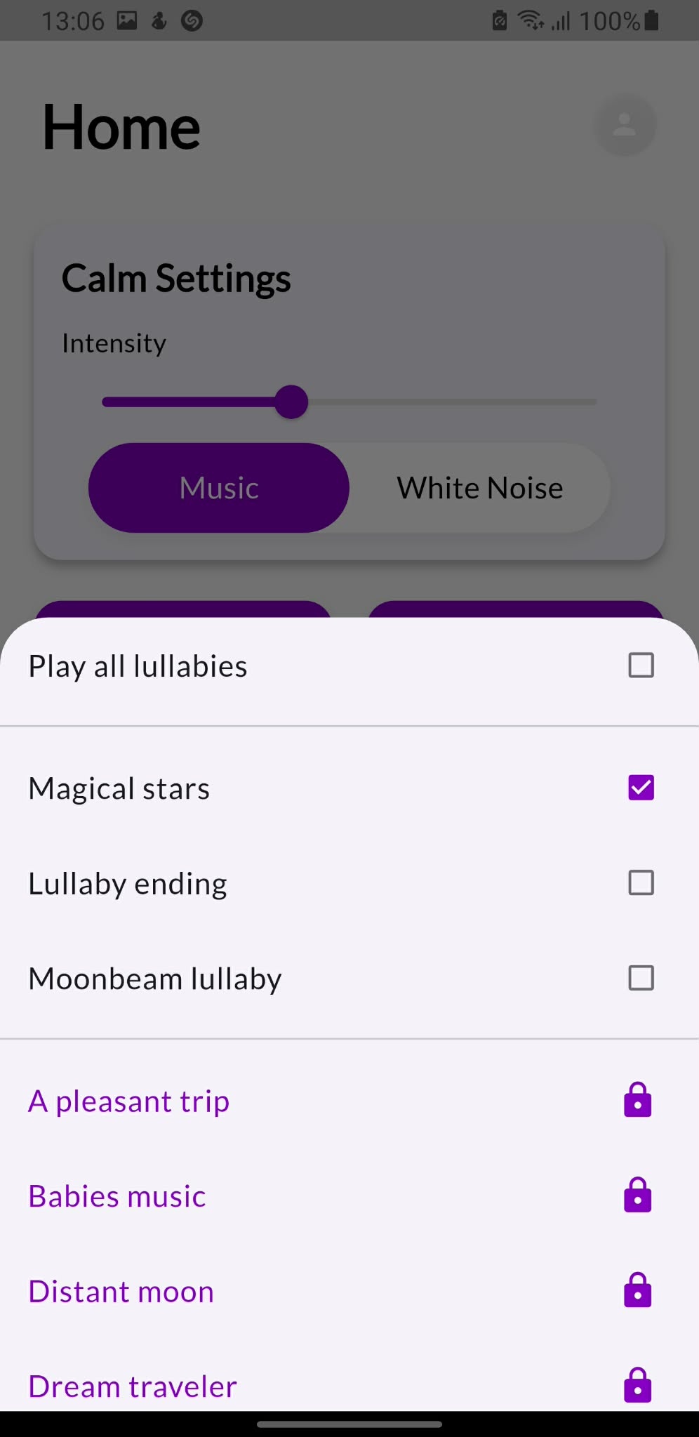 KalmBaby lullaby selection list with Play all, free tracks and locked premium sounds