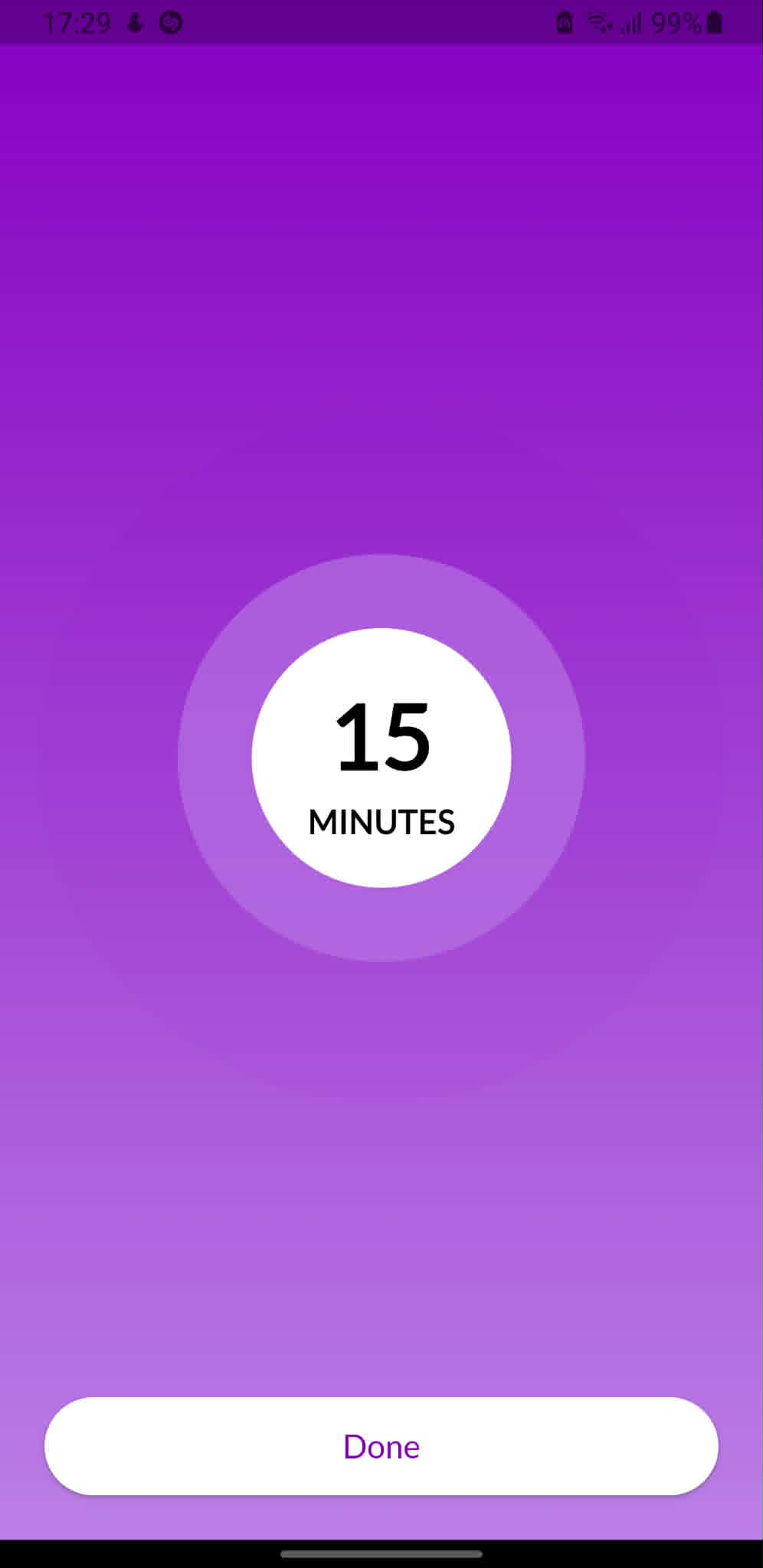 Player screen with a 15 minute timer and Done button